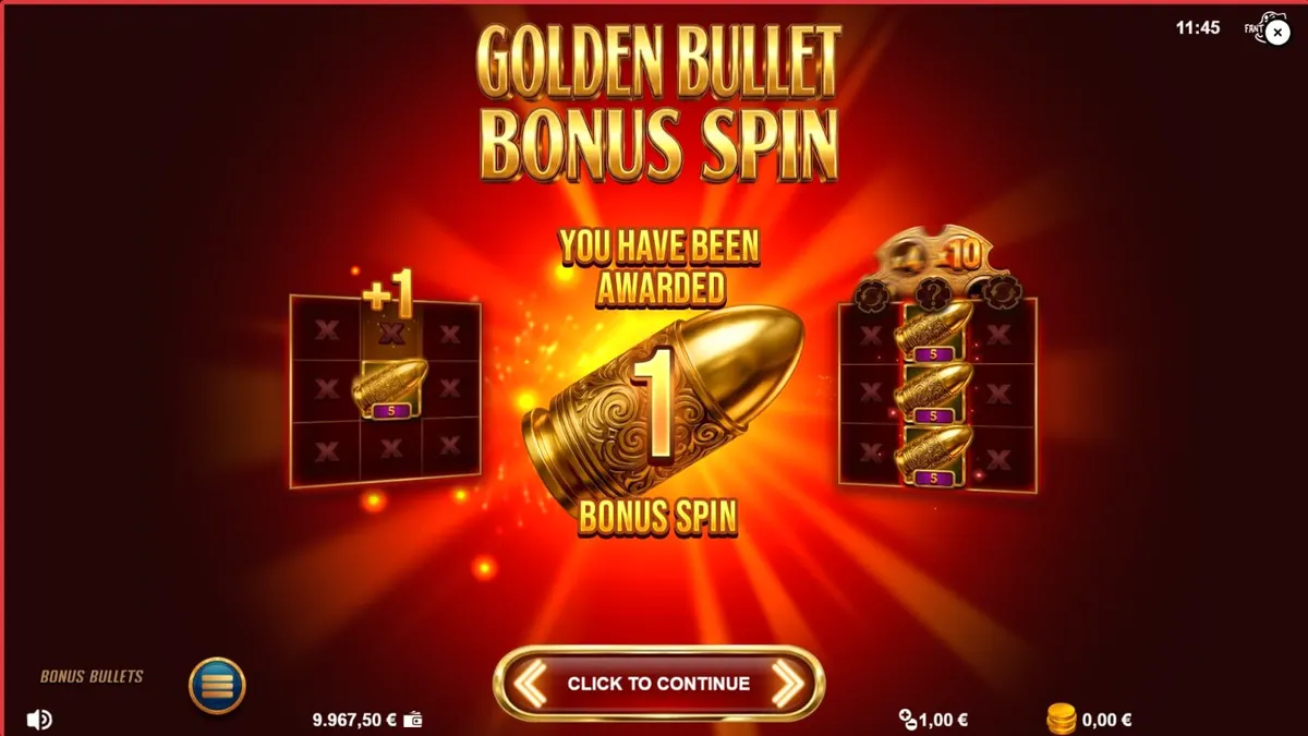 Interface do jogo de slot Bonus Bullets com tema noir e revólver dourado