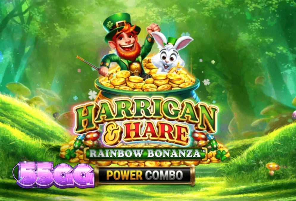 Cenário vibrante e colorido do jogo Harrigan & Hare Rainbow Bonanza Power Combo